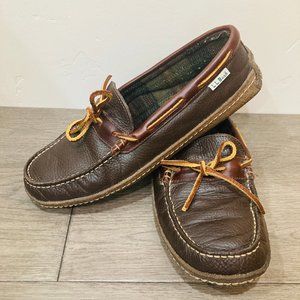 L.L. Bean Mens Handsewn Leather Slippers Flannel Lined Size 9 Brown Slip On